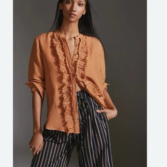 Anthropologie Tops - Anthropologie Pilcro Ruffled Placket Linen Blend Shirt Womens Small Button Front